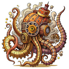 A colossal steampunk octopus, intricate gears whirring, steam billowing from its metallic tentacles, dominates a desolate industrial landscape.