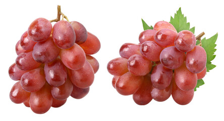 Red grape cluster (Crimson Red Seedless Grapes) with leaves isolated, transparent PNG, PNG format,...
