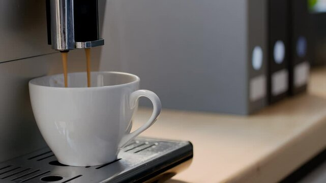 Close up of fresh hot coffee being brewed in white cup, pouring and dripping from automated machine in office, then hand of anonymous black man taking it