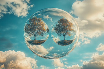 Growing trees in transparent spheres, parallel worlds background.