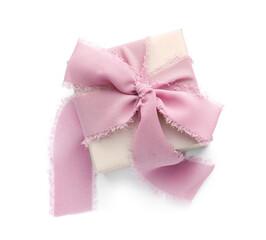 Beautiful gift box with pink bow isolated on white, top view