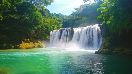 Naklejka premium Serene Waterfall Paradise: Lush Tropical Greens and Crystal Clear Water