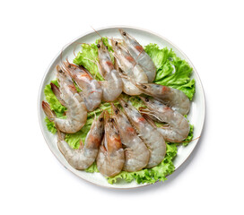 Fresh raw shrimps and lettuce isolated on white, top view