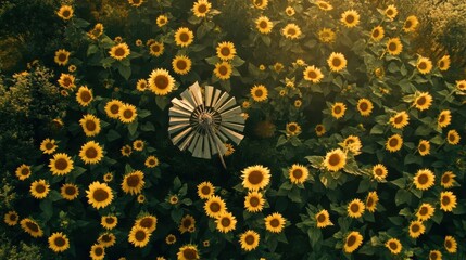 Sunflowers bloom around a rustic windmill