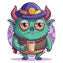 Illustrate a grumpy but cute one-eyed cyclops holding a massive vinyl record, conveying a blend of adorable frustration.