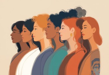 Obraz premium Diverse Group of Women Standing in Profile Illustration for Unity Concept