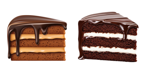 Isolated png sponge cake. Two decadent chocolate cakes, one layered with creamy filling and drizzled with chocolate, and the other featuring smooth, rich frosting.
