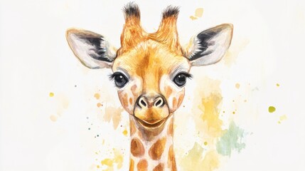Fototapeta premium Cute baby giraffe portrait, watercolor style, adorable face.