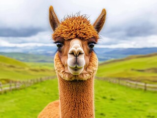 Obraz premium A close-up image of a friendly llama with a fluffy coat, set against a lush green landscape under a cloudy sky.