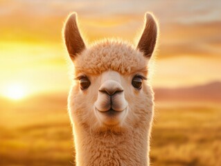 Obraz premium A cheerful llama gazes at the sunset, showcasing its fluffy fur and vibrant surroundings, evoking a sense of warmth and tranquility.