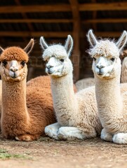 Fototapeta premium A trio of alpacas, one brown and two white, sit together in a barn setting, showcasing their soft fur and friendly expressions.