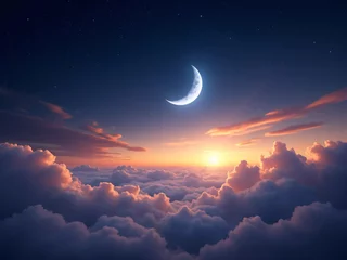 Breathtaking Crescent Moon in a Starry Night Sky – Mystical Twilight Scene with Glowing Stars, Wispy Clouds, and a Dreamlike Atmosphere, Perfect for Spirituality, Ramadan, and Celestial Beauty