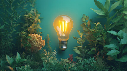 Sustainable energy concept with an eco-friendly lightbulb and green plants on a vibrant background