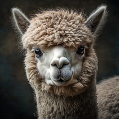 Obraz premium A close-up of a fluffy alpaca's face, showcasing its large eyes and soft, woolly coat against a muted background.