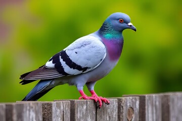 Fototapeta premium Close-up of a Pigeon on a Wooden Fence with Vibrant Colors