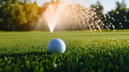Golf Course Close-Up: Ball, Sprinkler, and Sunlit Trees