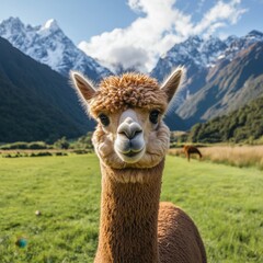 Obraz premium A charming alpaca stands in a lush green field, surrounded by majestic mountains under a bright blue sky.