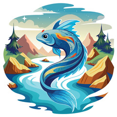 A serene river spirit, manifested as a giant koi fish, gracefully flows through a lush, mystical forest.  Its scales shimmer with ethereal light.