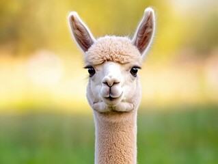 Fototapeta premium A close-up of a gentle-looking alpaca with soft fur and a serene expression, set against a blurred natural background.