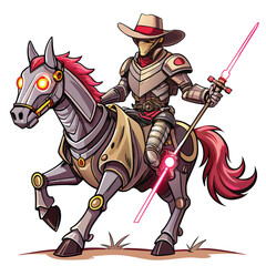A futuristic robotic cowboy, weathered metal gleaming, wields a laser lasso while astride a sleek, mechanical horse (mec).  Detailed, cinematic lighting.