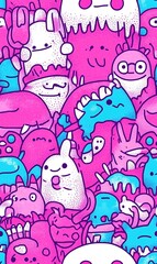 Fototapeta premium Cute Pink Blue Doodle Monsters Seamless Pattern