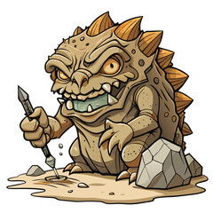 A grotesque rock creature meticulously chisels its own face, revealing a complex, weathered texture.  A single, primitive tool is visible.