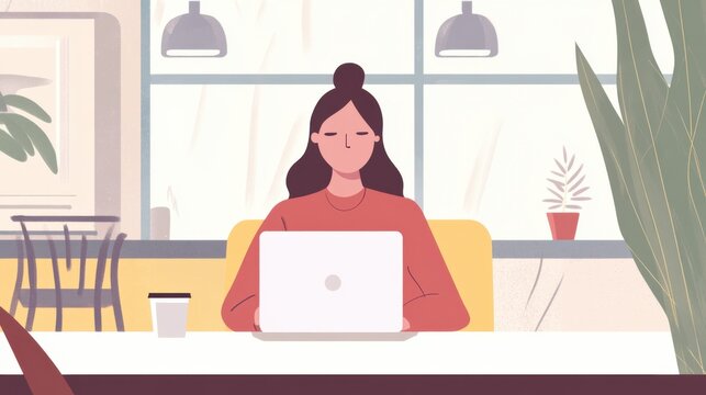 Video generation in a cozy cafe with a student studying on a laptop. Featuring focus and academic dedication