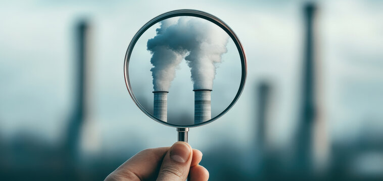 Magnifying glass reveals pollution from industrial smokestacks, highlighting environmental concerns and need for awareness