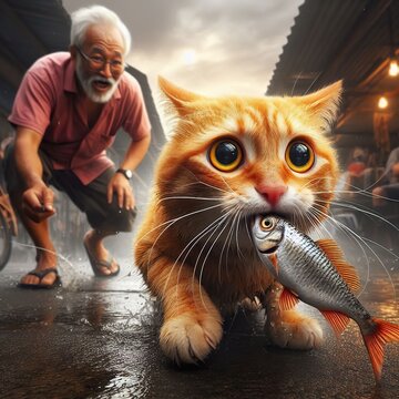 Old man chasing a cat