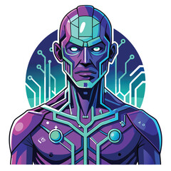 A glowing humanoid robot with a complex circuit board face, detailed textures, futuristic aesthetic.