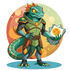 A majestic, scaled humanoid reptile, from a vibrant alien dimension, confidently holds a glowing orb.  Intricate details, dramatic lighting.