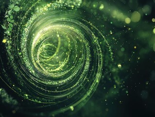 A mesmerizing swirl of green light and sparkles, creating a sense of depth and motion in a captivating abstract pattern.