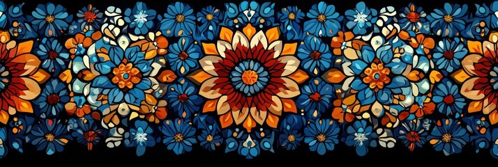 Stylized floral border in vibrant blue and orange hues intricate design Generated AI