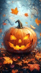 Jack-o'-lantern autumn leaves spooky night