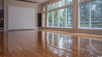 Fototapeta premium Bright Room with Hardwood Floor Large Windows Blank Canvas