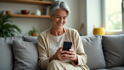 An elderly woman with gray hair sits on a cozy sofa in a bright room, happily using her smartphone