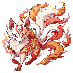 Generate a breathtaking image of a kitsune, a Japanese fox spirit, its form composed entirely of swirling, ethereal smoke, with vibrant, otherworldly colors.