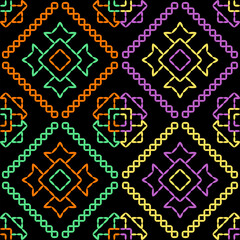 India stitch Kasuti embroidery fabric pattern needle work seamless geometric abstract culture decorative hand drawn tribal asian template printed colorful line artwork black background quilt wallpaper