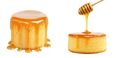Isolated png sponge cake. A delicious golden dessert with a glossy honey glaze dripping from its top.