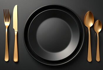 Contemporary Black Plate Setting with Golden Flatware: Side Shot with Copy Space for High-End Restaurant Promotions and Culinary Art Displays

