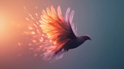 Obraz premium Majestic Phoenix Soaring Sunset Sky Fantasy Bird Flight Wings Feathers Light Trails C