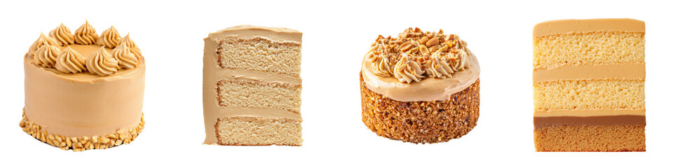 Isolated png sponge cake. A variety of beautifully decorated cakes showcasing different textures and layers, each with unique toppings and designs.