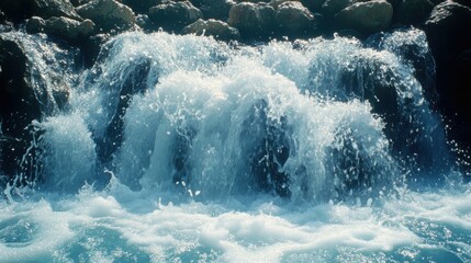 Cascading Waters over dark rocks creating a foamy surface, dynamic stream, Generated AI