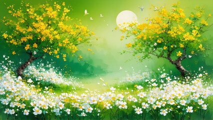 Obraz premium Artistic wallpaper expressing spring, ensemble of colors, green, yellow, white, Generative AI