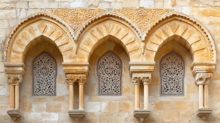 Obraz premium Intricate Arched Windows with Decorative Stonework on Ancient Wall
