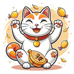 A mischievous, grinning Maneki-neko lucky cat,  detailed paws, vibrant colors, playful expression.