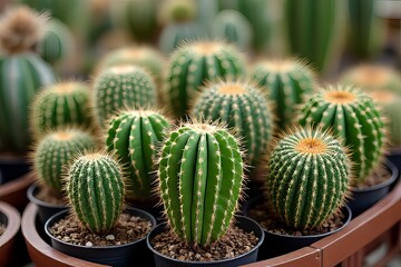 Close-up of various small cactus plants in pots