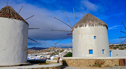 The Mykonos windmills are an iconic feature of the Greek island of the Mykonos.