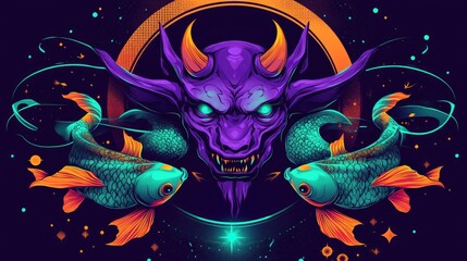 Abstract Demon with Fish, Creative Design, Digital Art