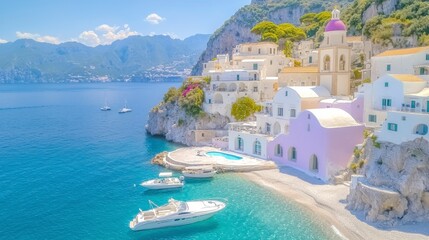 Obraz premium Amalfi Coast Villa Sea Boats Luxury Italy Cliffside Mediterranean Turquoise Water
